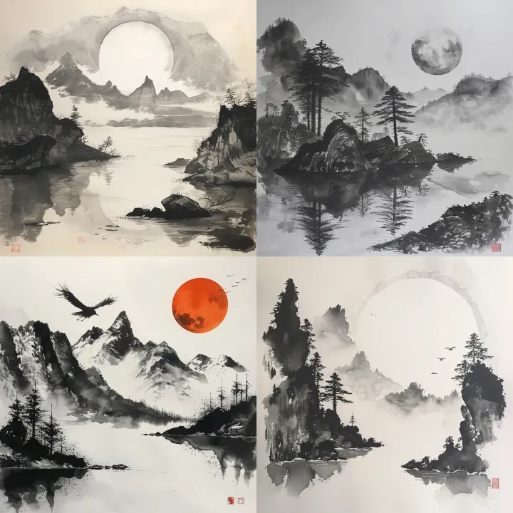 Moonlit Serenity: Sumi-e Landscape
