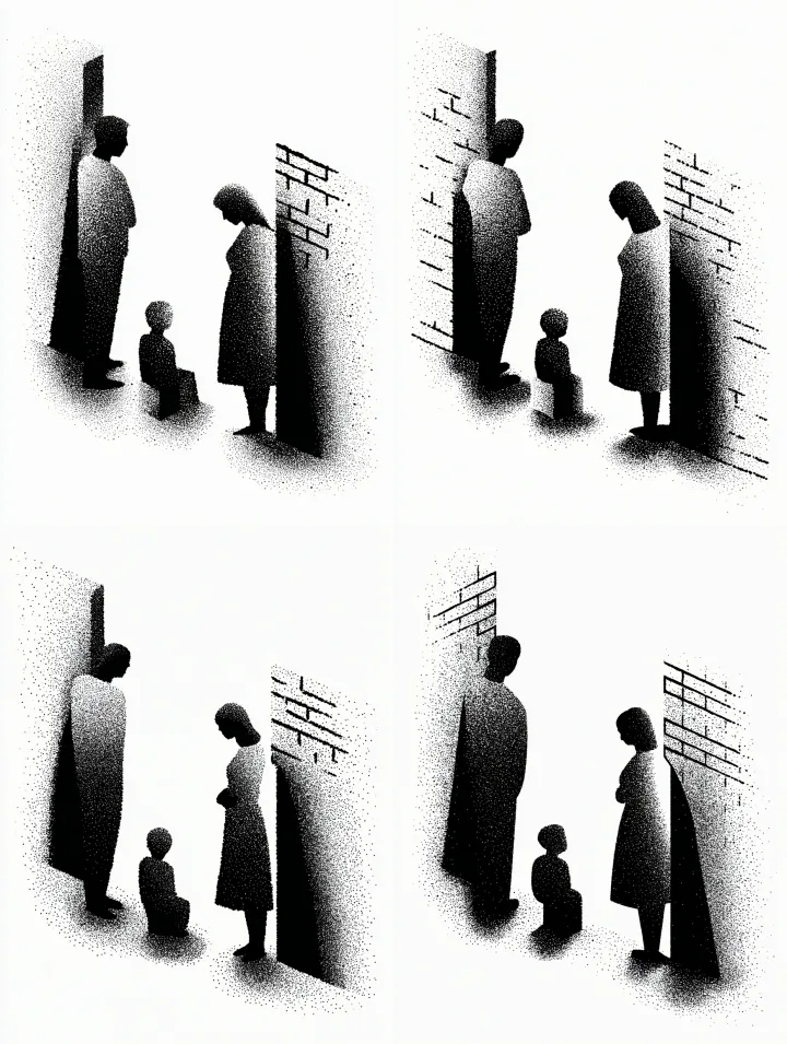A symbolic black and white cartoon-style illustrat