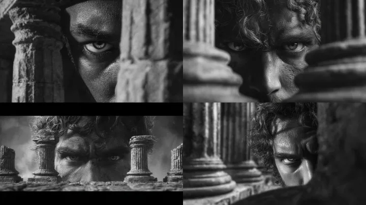 cinematic shot of samson pushing apart two large g