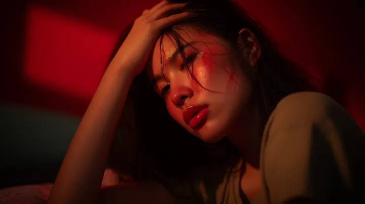 An Asian woman holding his head in stress sitting 