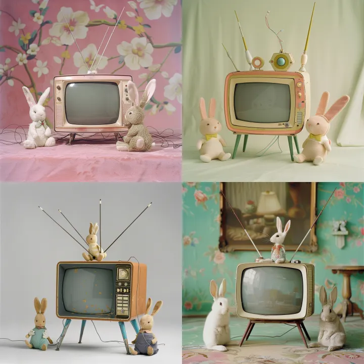 A whimsical 1960s TV set on four legs, with 3 diff