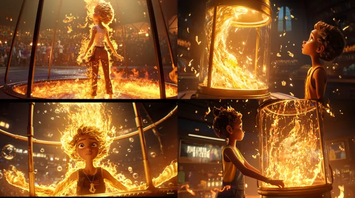 In the scene , glowing flames around herself as we