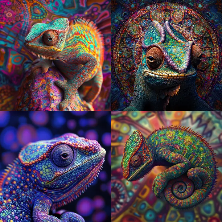 live art style , a chameleon blending into a kalei