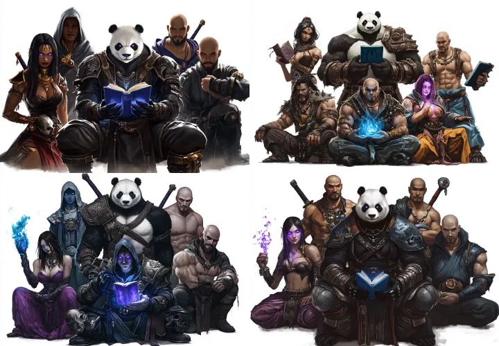 5 fantasy characters, the panda warrior is standin