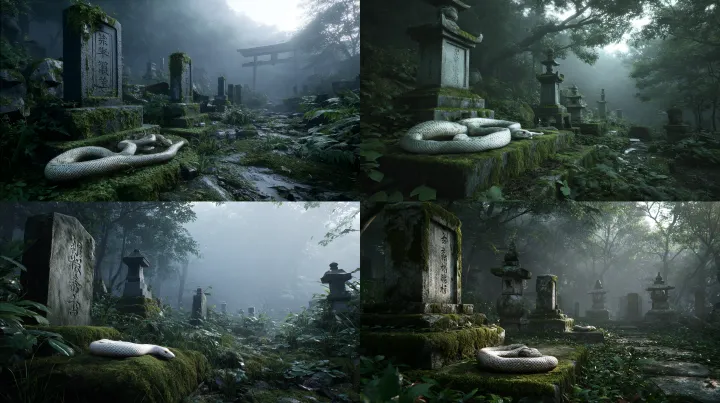 a misty Japanese mountain graveyard, old moss-cove