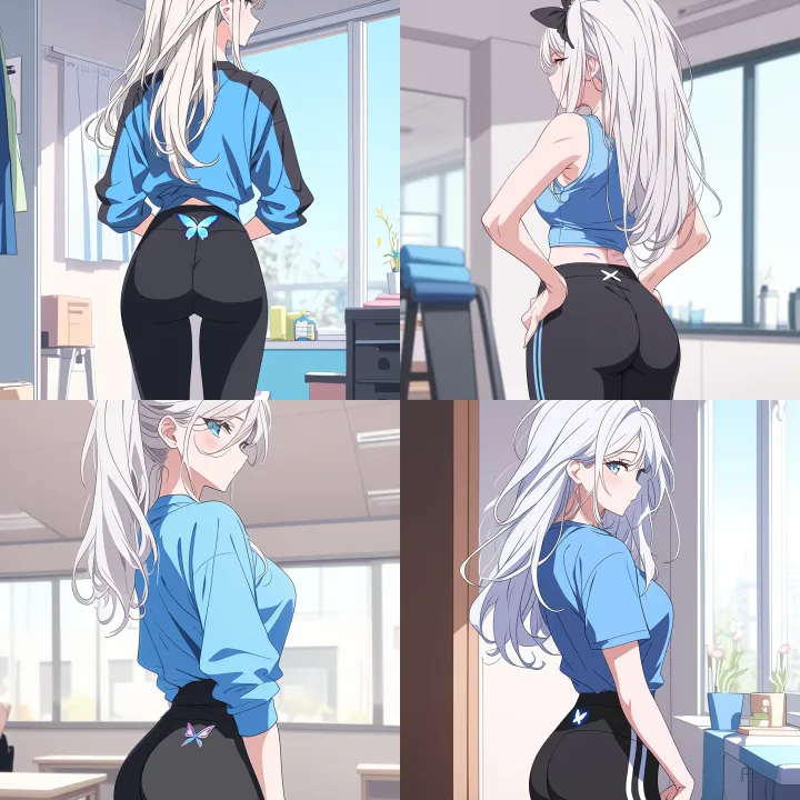 A woman with long white hair, wearing a tight yoga