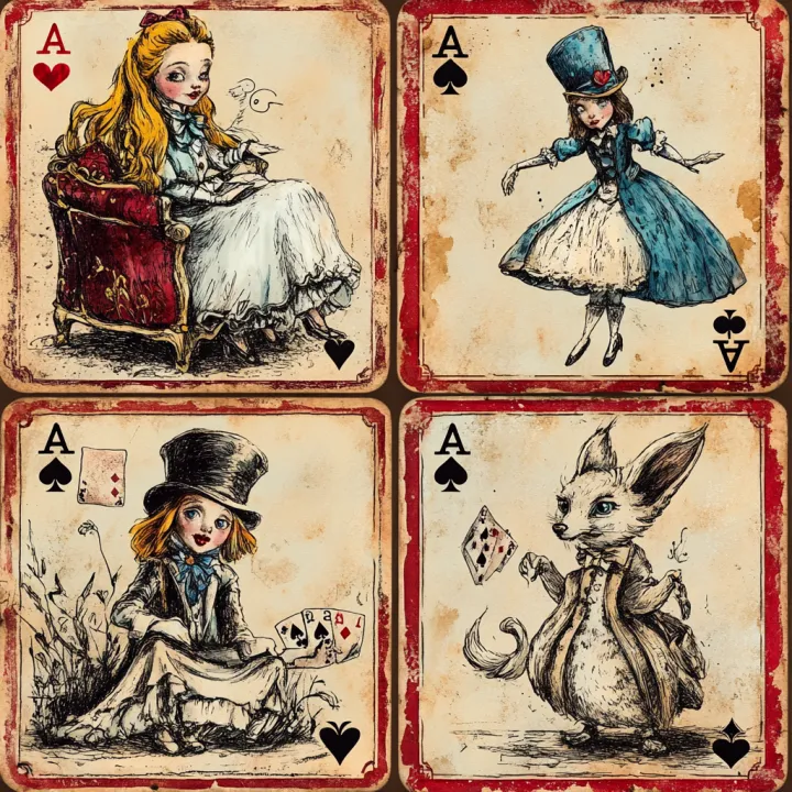 the illustration shows four drawings of playing ca