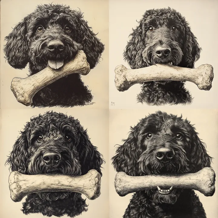 vintage pen drawing , A black grownup labradoodle 