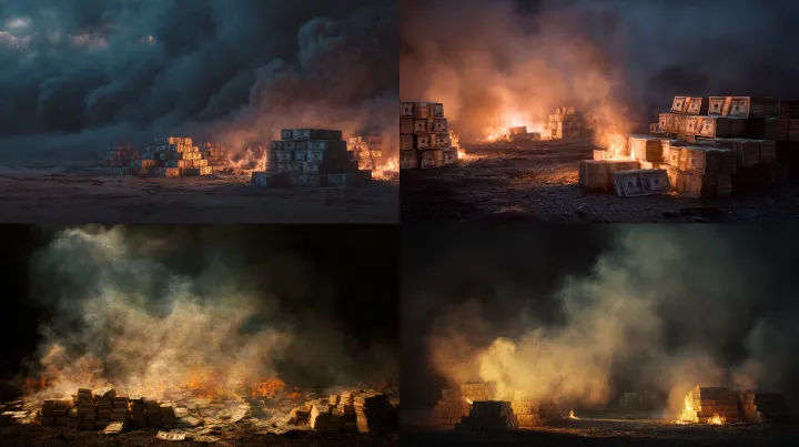 a outdoor scene with piles of money burning, thick