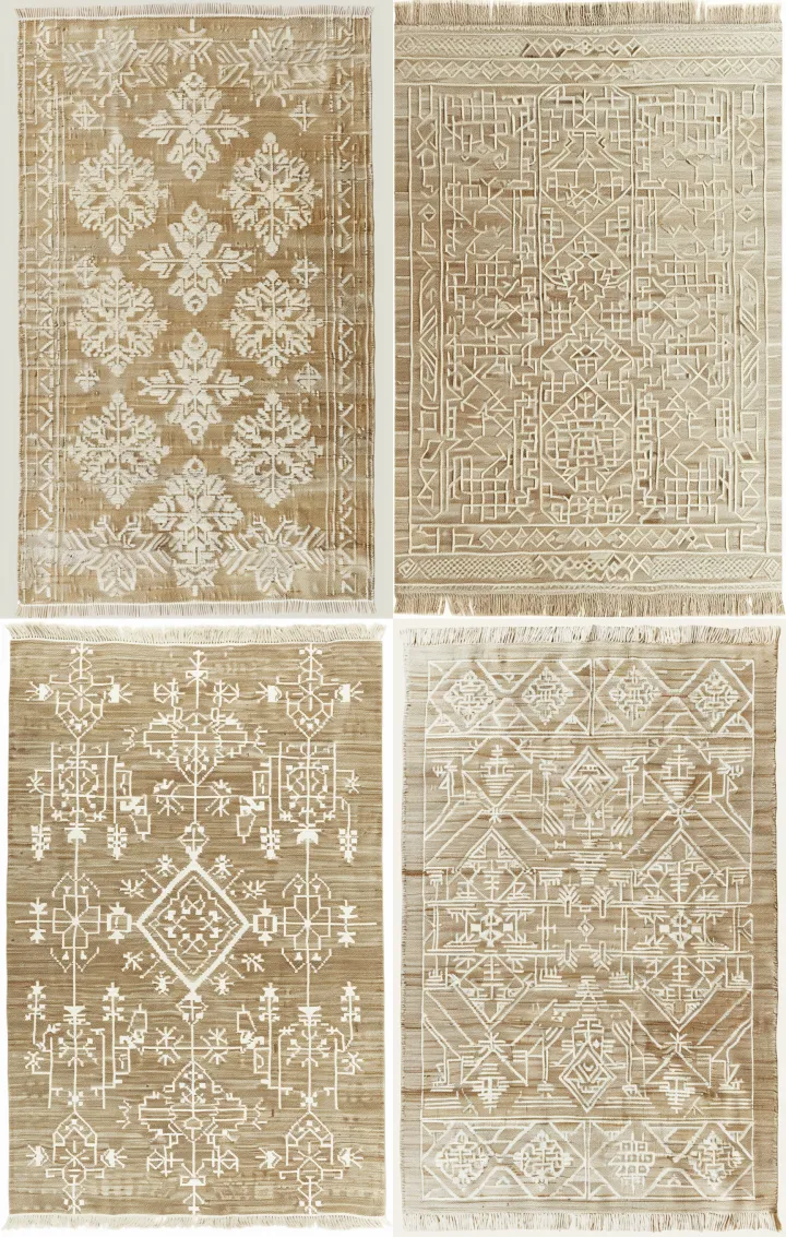 a beige rug with white embroidery of simple, symme