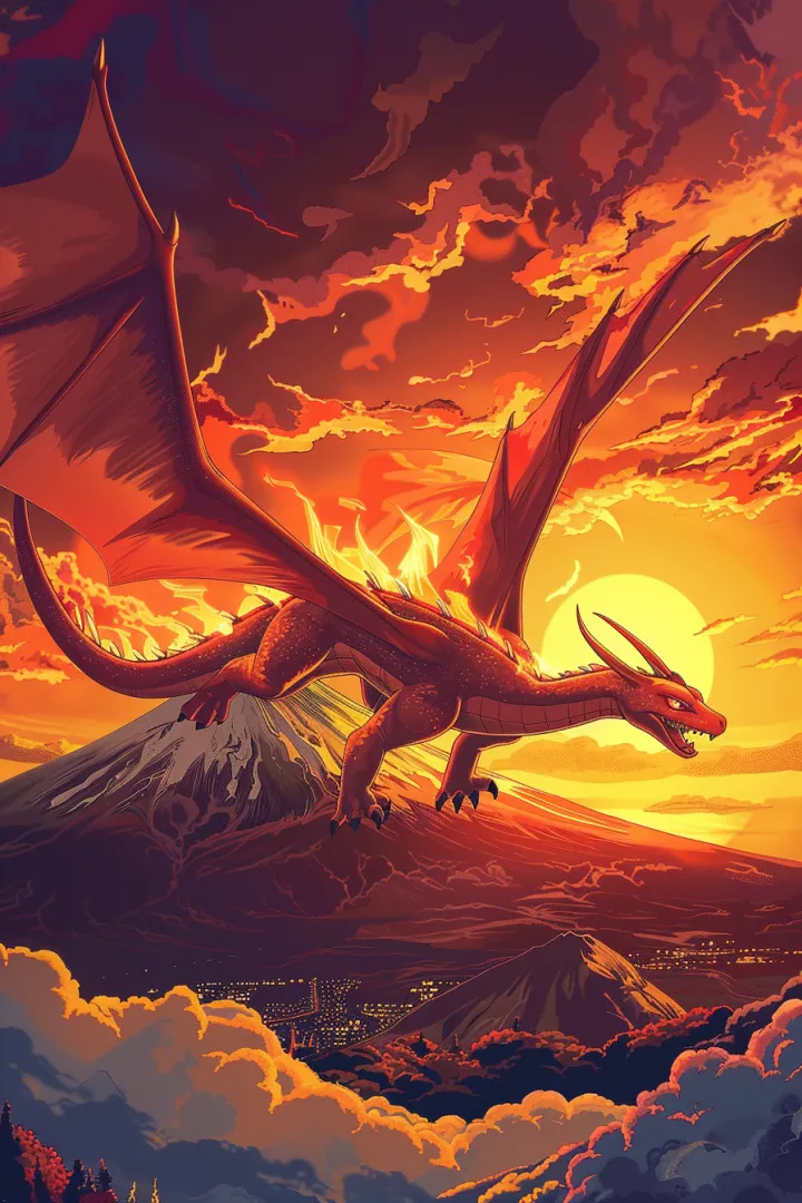 Charizard flying over Mount Fuji at sunrise, fire 