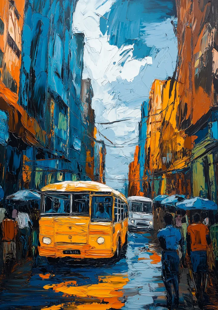 Oil painting of Matatus in the streets of Nairobi 