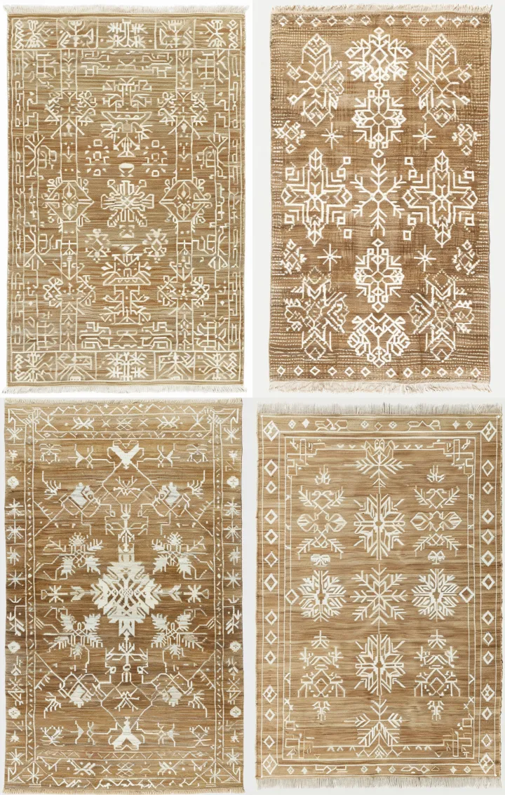 a light brown wool rug with white embroidery of va