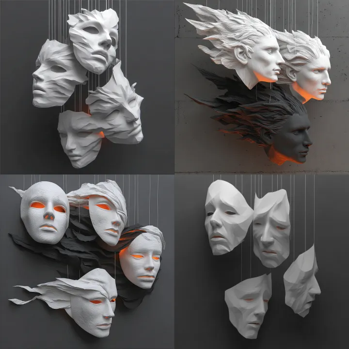 four 3d masks in different bright colors flying in