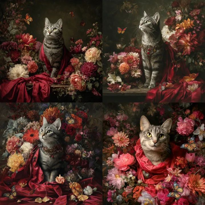 Grey tabby cat as Aphrodite. Opulent oil color pai