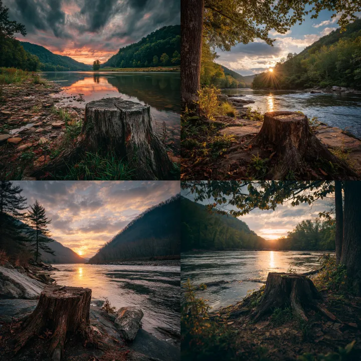 sun setting over a river in west virginia with a t