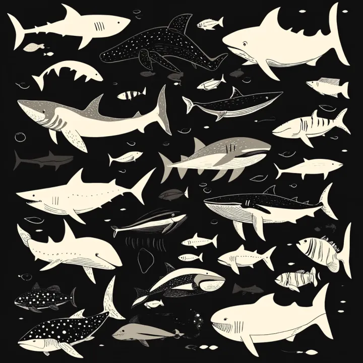 A vector cartoon drawing of fish , sharks , and wh