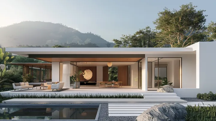 Minimal modern tropical villa, white walls and woo