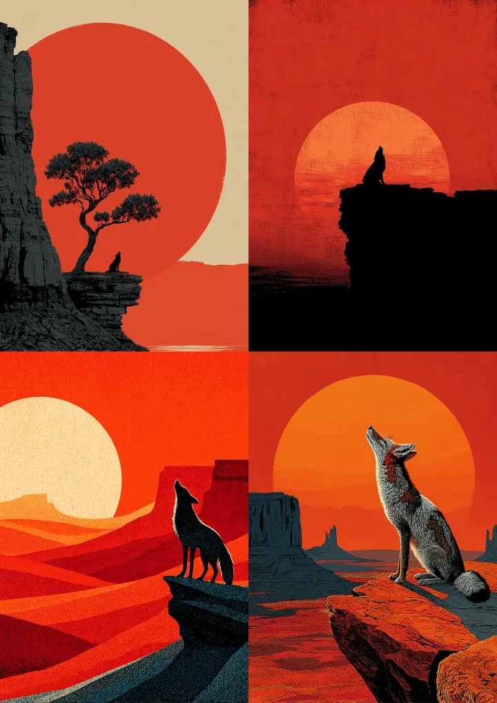 A solitary coyote howling from a mesa under a stra