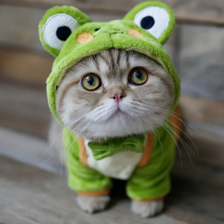 a cat wearing a cute frog outfit
