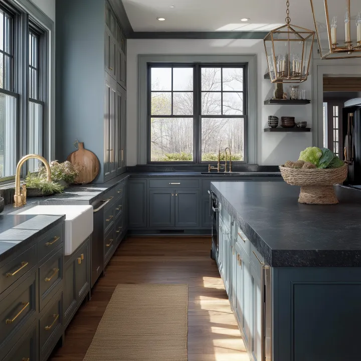 Cape cod transitional kitchen with dark gray blue 