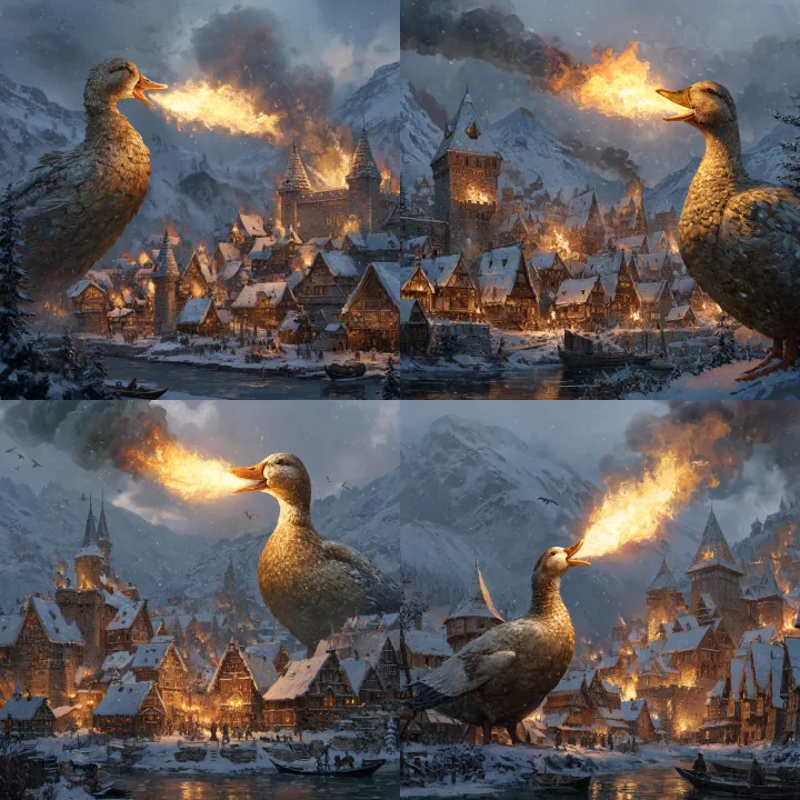a huge angry duck breathing fire out of his beak d