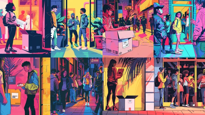 A split illustration, left side: a bored young per
