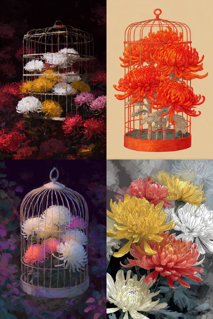 the chrysanthemum cage, vivid, radiant, sketch art