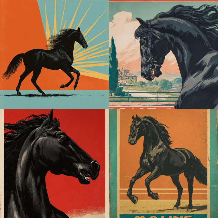 a vintage French poster design of a black horse