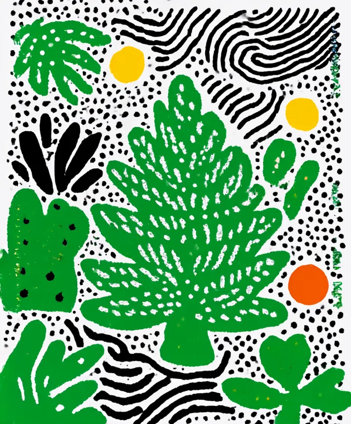 Risograph illustration of a dandelion blowing in t