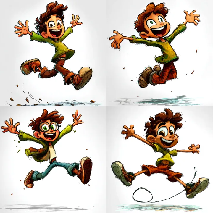 Cartoon style illustration of a boy jumping happil