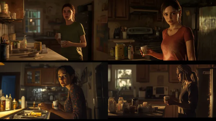 A woman standing in a dimly lit kitchen , her expr