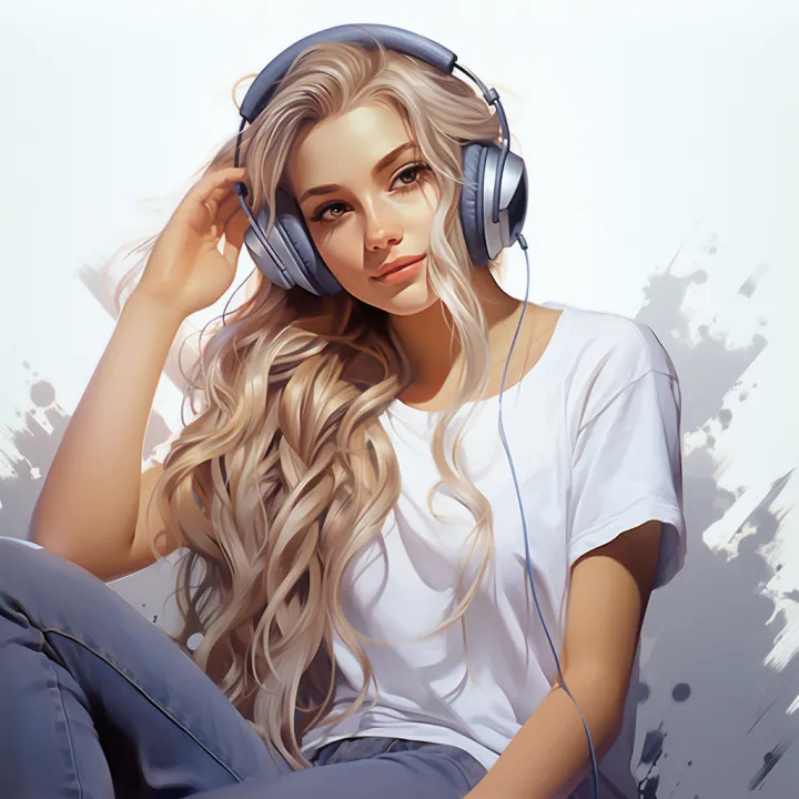 realistic photo of a girl listening to music with 