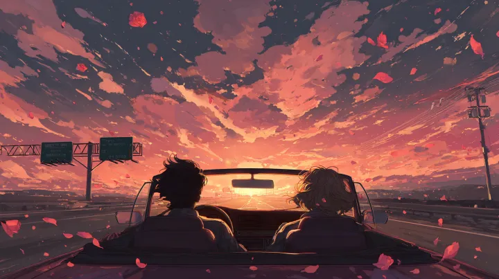 Two young lovers racing down an open highway under