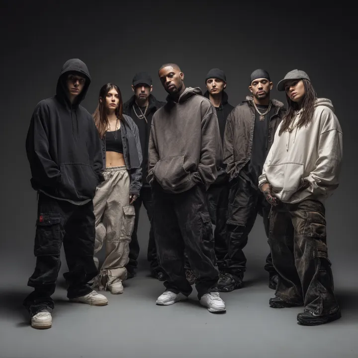 A realistic full-body group photo of men and women