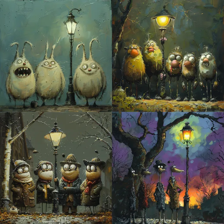 several goofballs standing under a street light, c