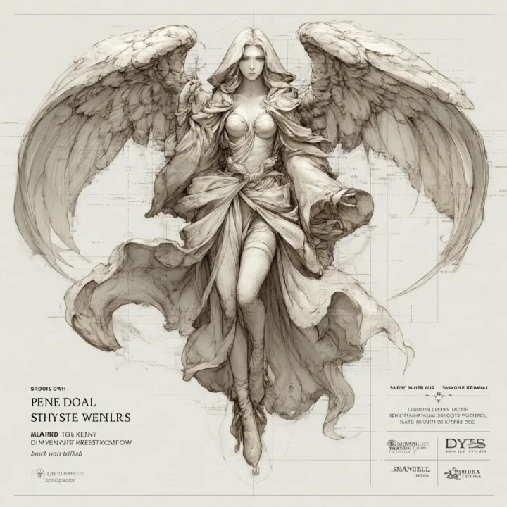 "female angel with large extended horizontally, we
