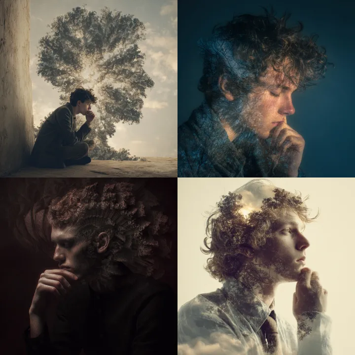 a surreal photograph of a young man thinking about