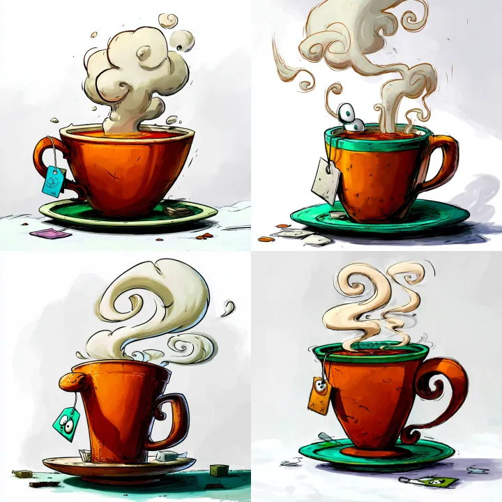 Cartoon style illustration of a hot cup of tea aga
