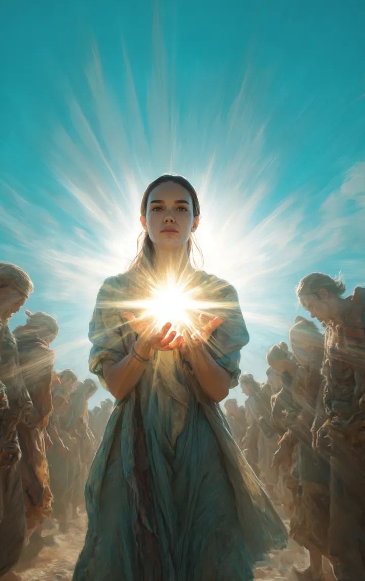 A woman in the center facing the viewer, holding r