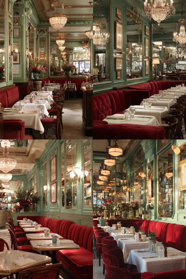 A Parisian brasserie interior in soft green and wh