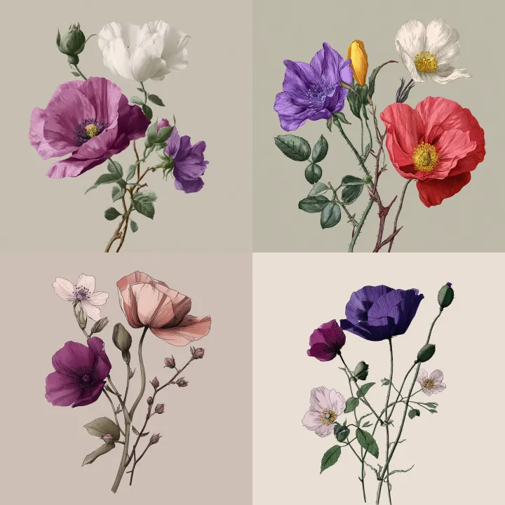 a botanical drawing of a poppy flower a violet flo