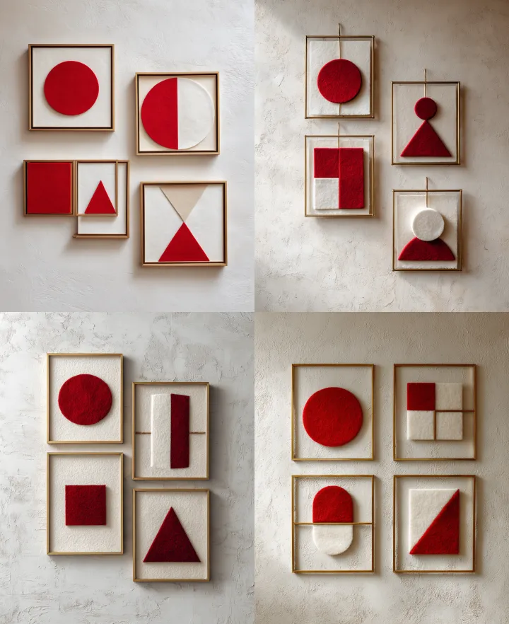 four frames on the wall, each frame has one simple