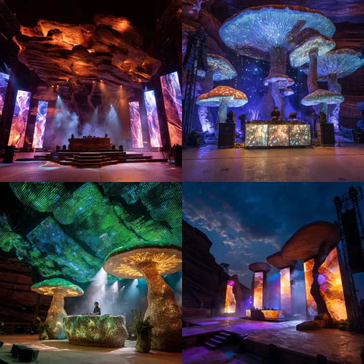 a DJ booth made of mushrooms and LED walls for a s