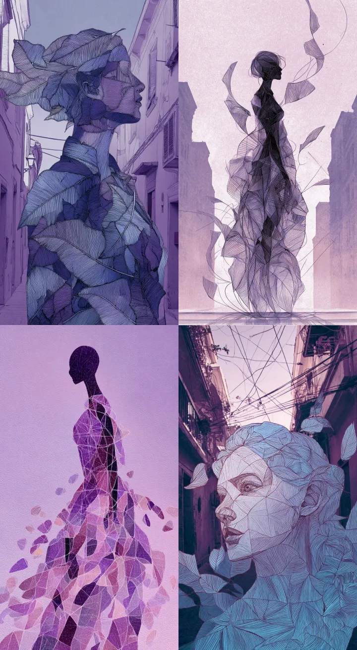 a woman made of glass leaves, with lines and shape