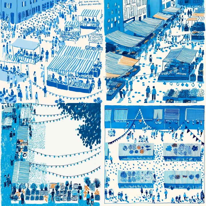 Draw a lively market street seen from above, as in