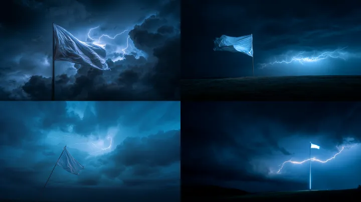album cover, a white flag, midnight, stormy clouds