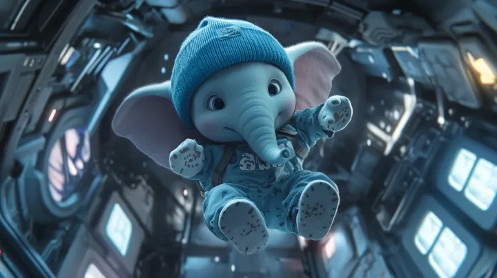 cute baby elephant , wearing a blue beanie and paj