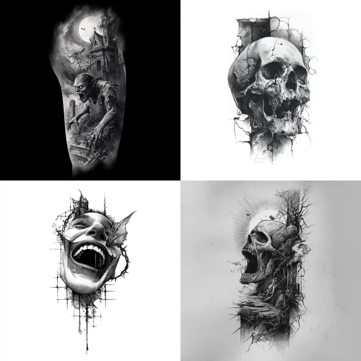 black and gray tattoo design, horror style, perfec