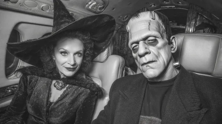a halloween style photo of a witch and frankenstei